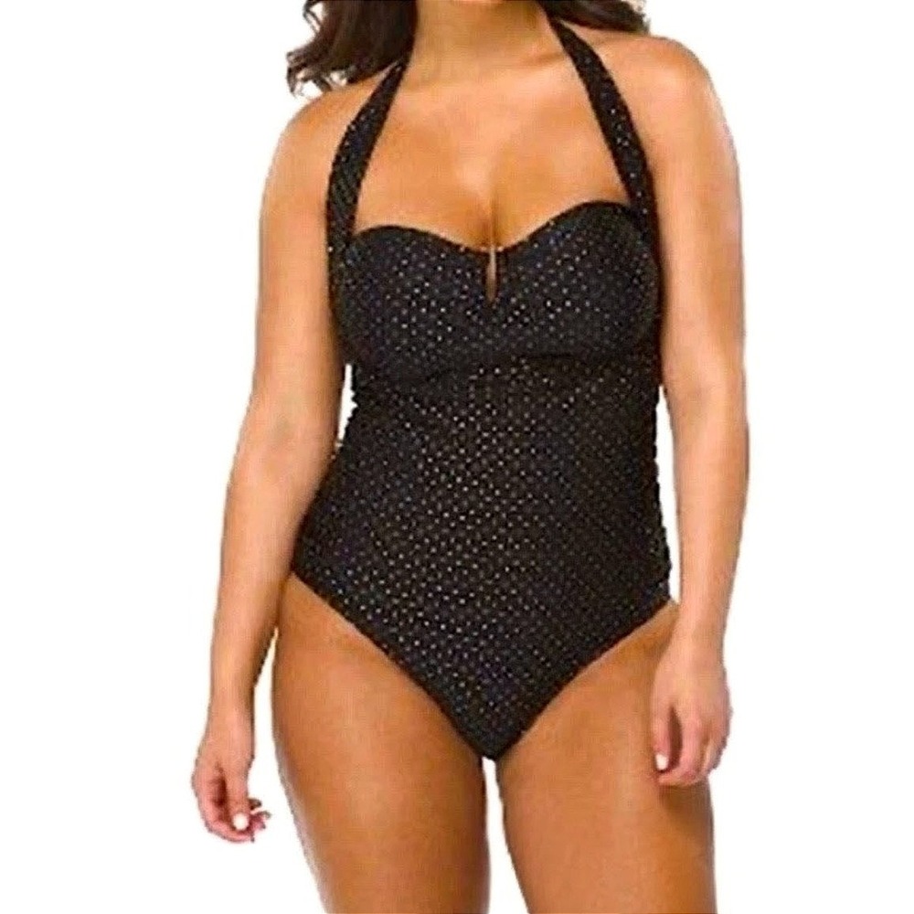 Gold Tone Polka‎ Dot One Piece Swimsuit 16W Black Tummy Control Pin-up Retro